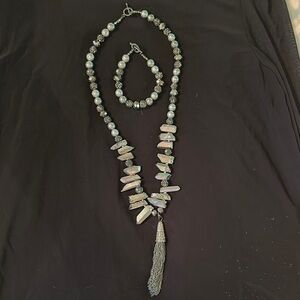 Handmade Elegant Silver and Gray Beaded Necklace and bracelet Set